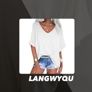 EUC Langwyqu White V Neck Oversized Tee Shirt